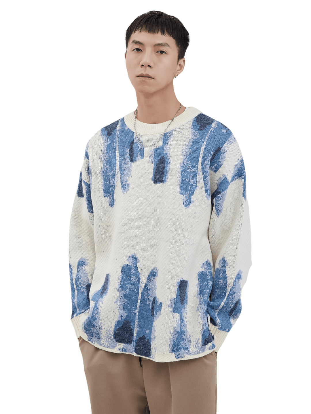 Blue Graffiti Watercolor Jacquard Casual Knit Loose Sweater