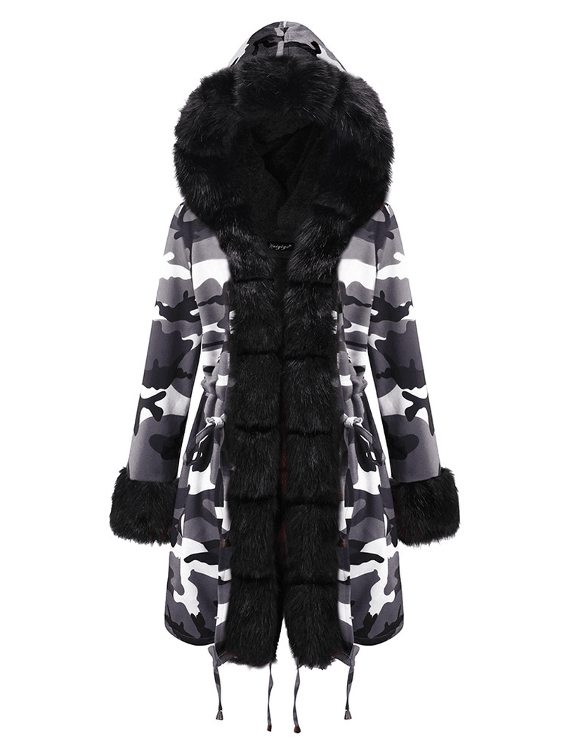 Long Sleeve Print Fur Collar Hooded Thick Coats