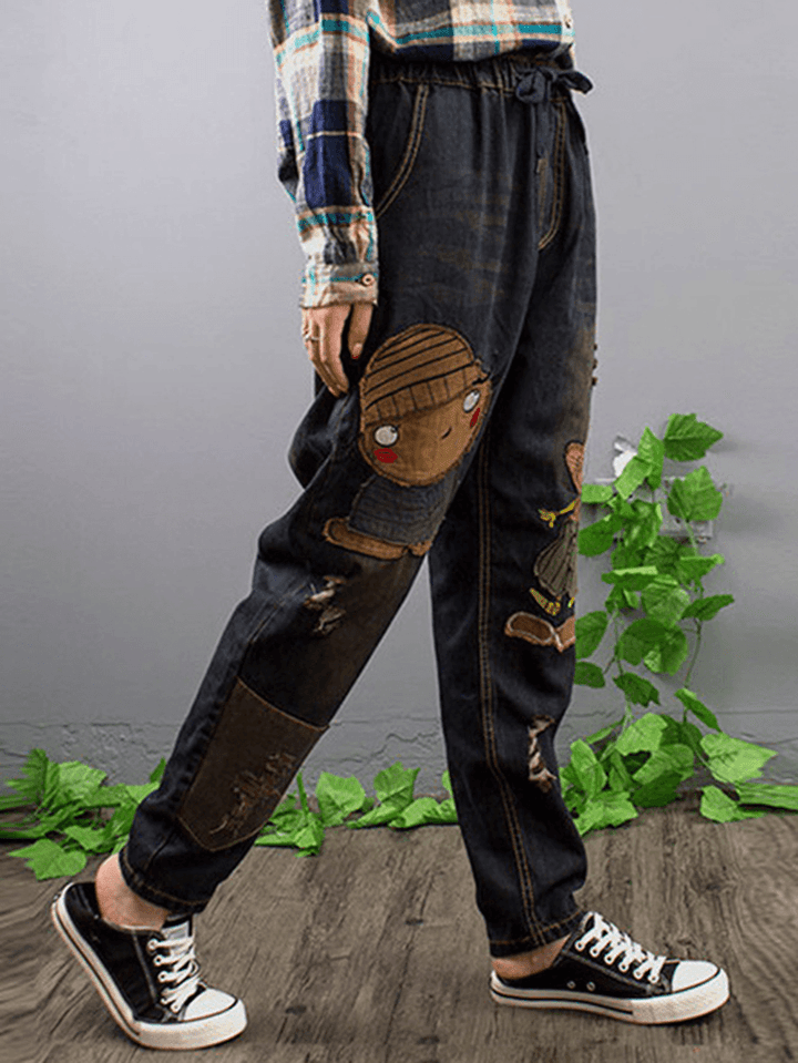 Embroidery Patchwork Elastic Waist Denim Jeans