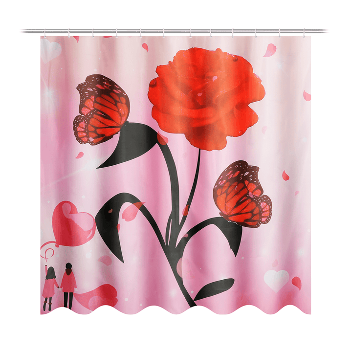 Rose Flower Waterproof Shower Curtain Non-Slip Rug Toilet Cover Bath Mat Decor