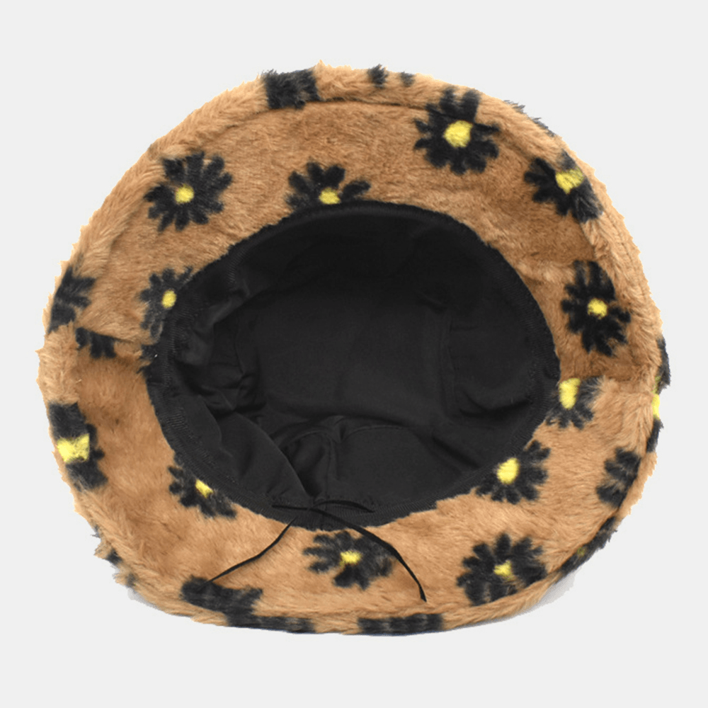 Women Lamb Hair Soft Warm plus Thicken Casual All-Match Cute Daisy Flower Pattern Bucket Hat