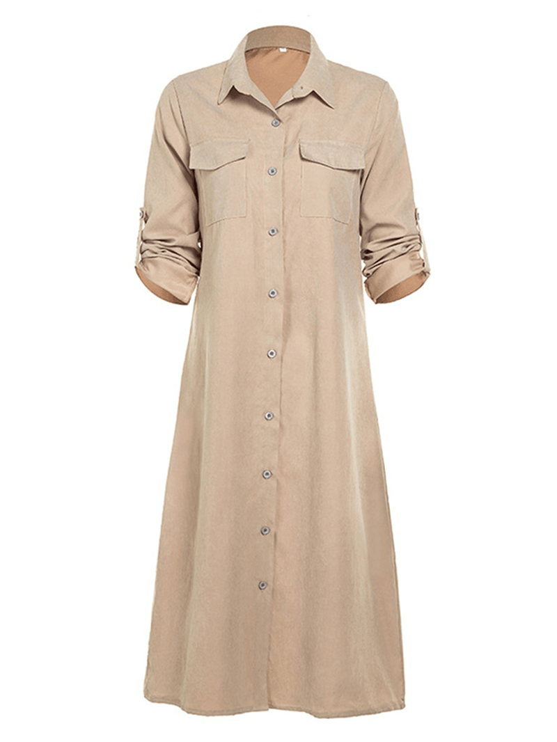 Women Long Adjustable Sleeve Button Turn-Down Collar Long Shirt Dress