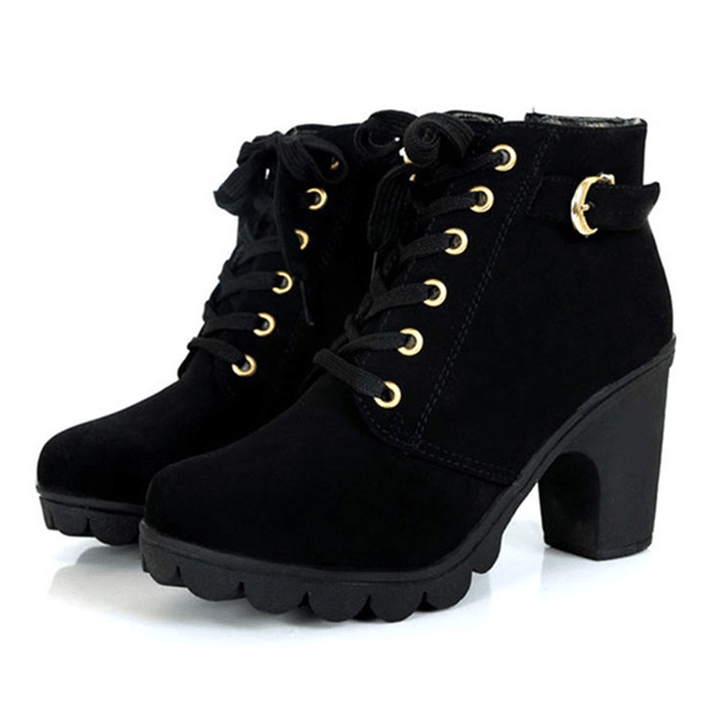 Women Girl High Top Heel Ankle Boots Winter Pumps Lace up Buckle Suede Shoes