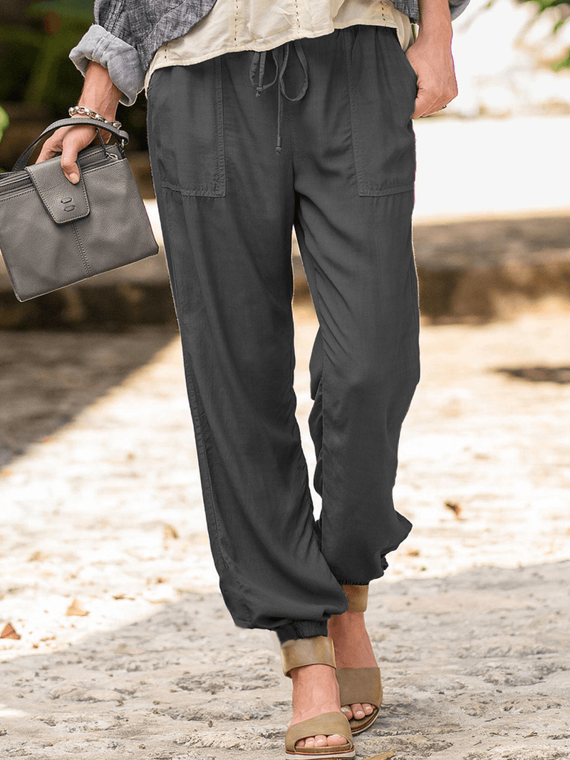 Women Solid Color Pocket Loose Elastic Waist Pants