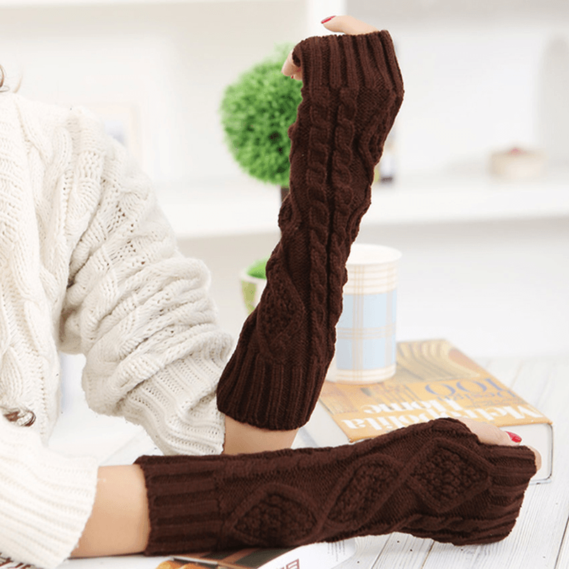 Women Winter Warm Knitting Fingerless Long Sleeve Gloves Casual Rhombic Pattern Gloves - MRSLM