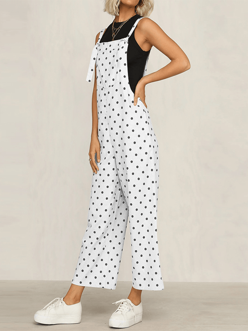 Casual Polka Dot Adjustable Strap Loose Wide Leg Jumpsuit with Pockets