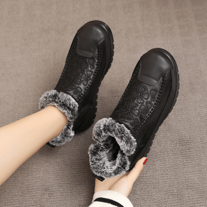 Women Comfy Floral Embroidered Waterproof Warm Lining Cotton Snow Boots