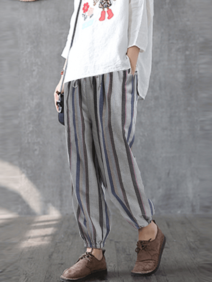 Women Casual Striped Elastic Waist Trousers Pants