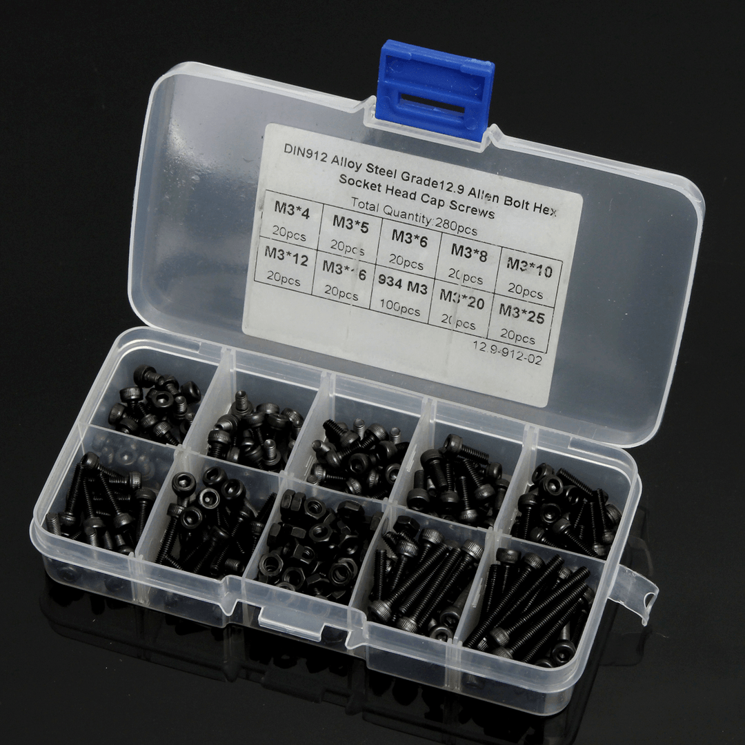 Suleve‚Ñ¢ M3AH8 280Pcs M3 Hex Socket Screws Allen Bolt Assortment with Nuts Grade 12.9 Alloy Steel