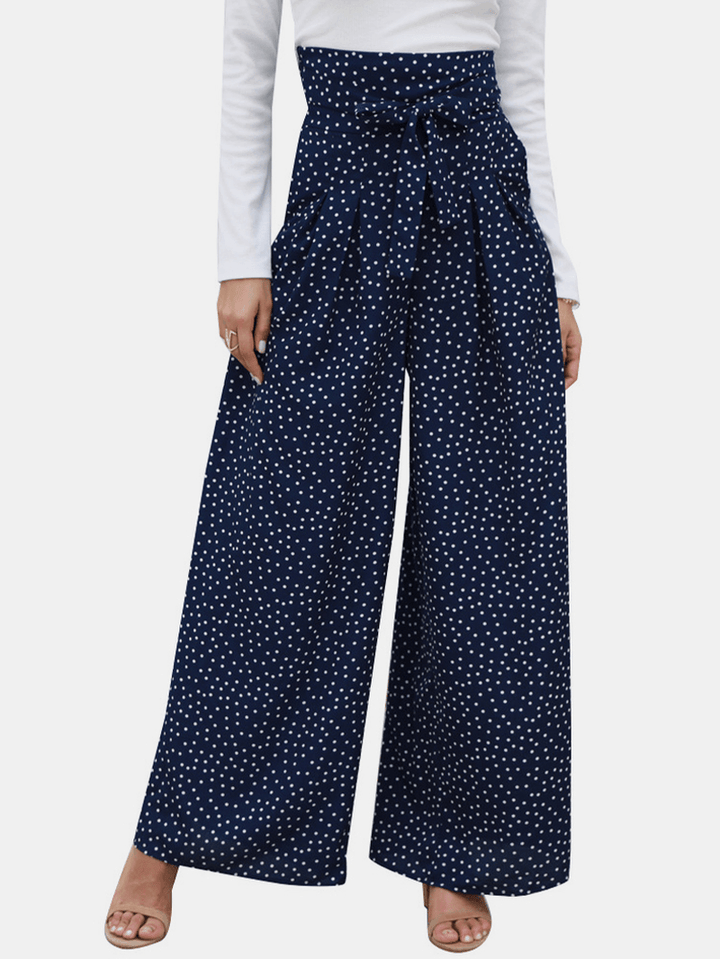 Casual Polka Dot Print High Waist Bow Wide Pants with Pocket