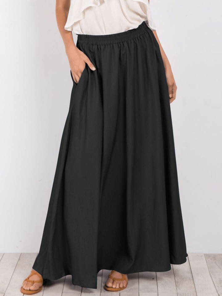 Women Pure Color Elastic Waist Simple Swing Skirts with Pocket - MRSLM