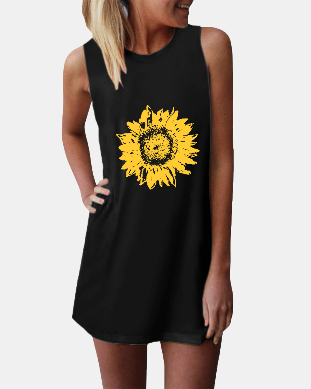 Sunflower Print O-Neck Sleeveless Casual Mini Dress