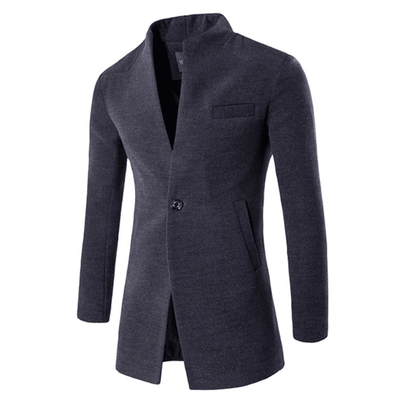 Mens Business One Button Stand Collar Fashion Casual Slim Fit Wool Jacket