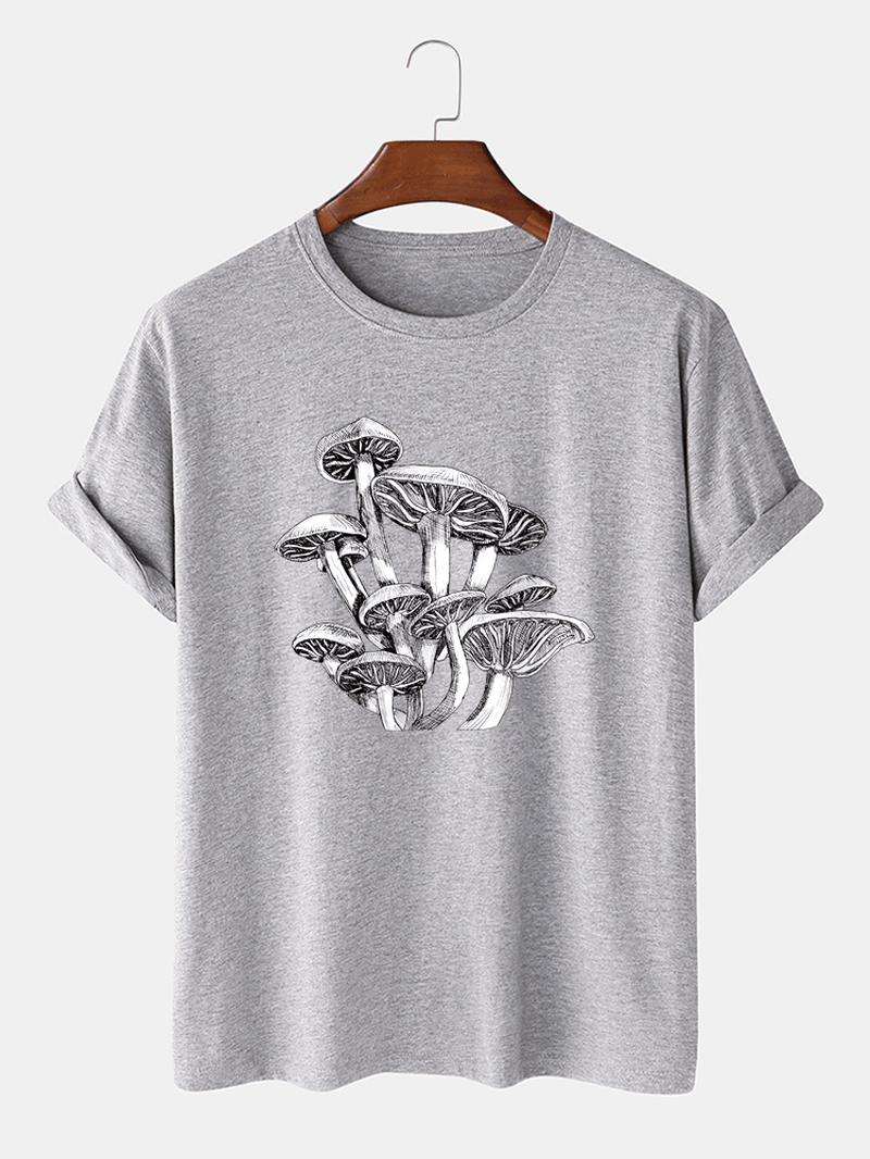 Mens Mushroom Sketches Print 100% Cotton O-Neck Short Sleeve T-Shirt