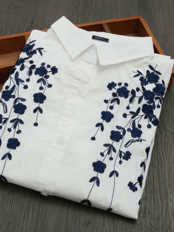 Print Lapel Collar High Low Hem White Long Sleeve Button Casual Shirts for Women