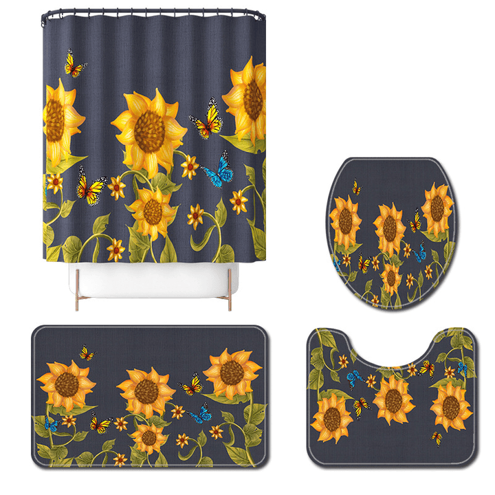 Sunflower Style Waterproof Toilet Seat Cover Shower Curtain Non Slip Rug - MRSLM