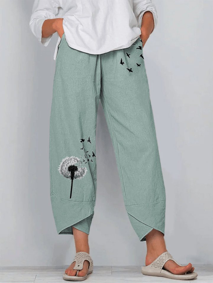 Butterfly Dandelions Flower Print Slit Hem Casual Pants with Pocket - MRSLM