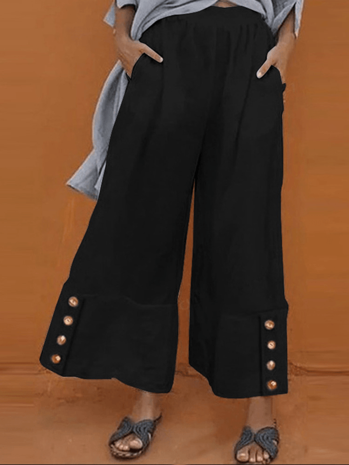 Casual Solid High Elastic Waist Button Wide Leg Pants for Women