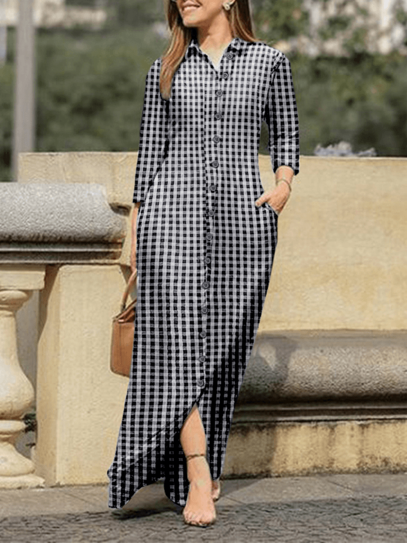 Plaid Lapel Button Long Sleeve Shirt Dress for Casual and Chic Style