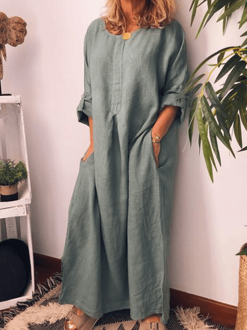 Women Solid Color Adjustable Sleeve Split Hem Dress