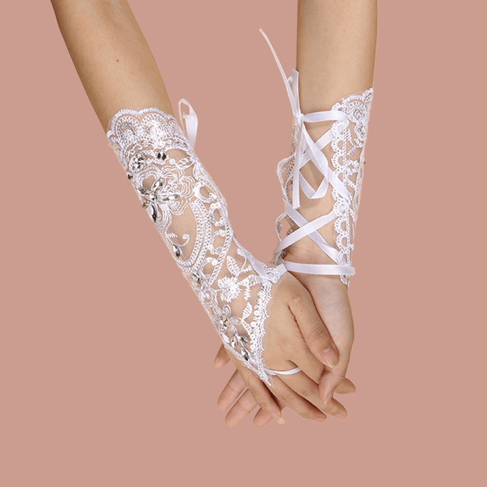 Women Lace Flowers with Rhinestone Bandage Split Finger Gloves Mid-Length Wild Mesh Breathable Sun Protection Sleeves