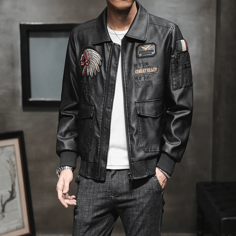 Men'S Pu Leather Jacket Men'S Lapel Embroidery Motorcycle Jacket