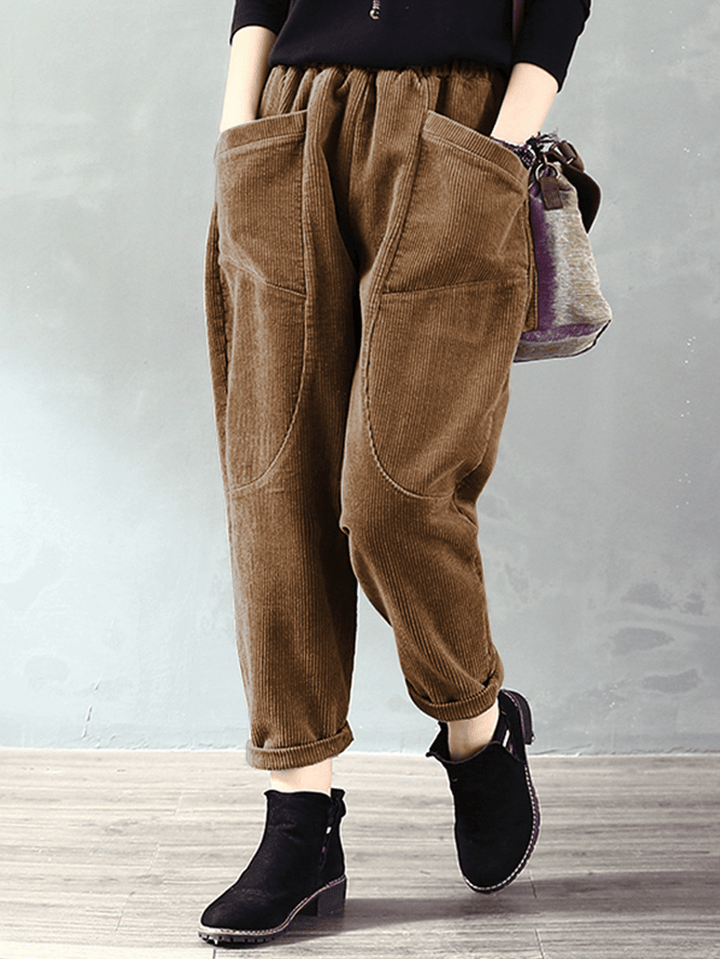 Corduroy Elastic Waist Loose Causal Pocket Pants