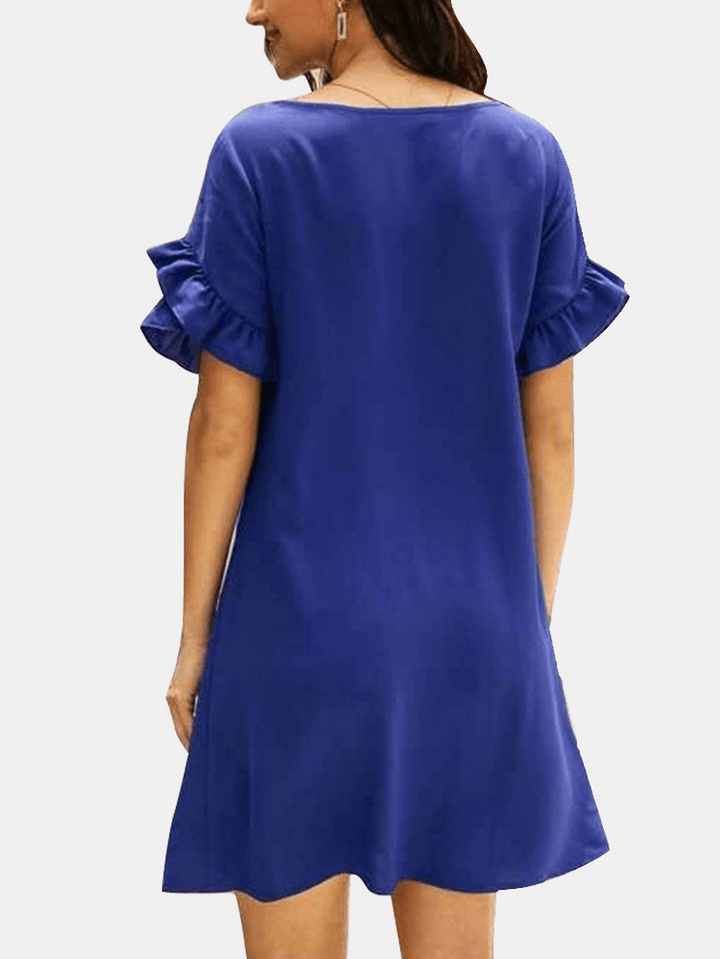 Solid Causal V-Neck Short Ruffled Sleeve Dress for Women