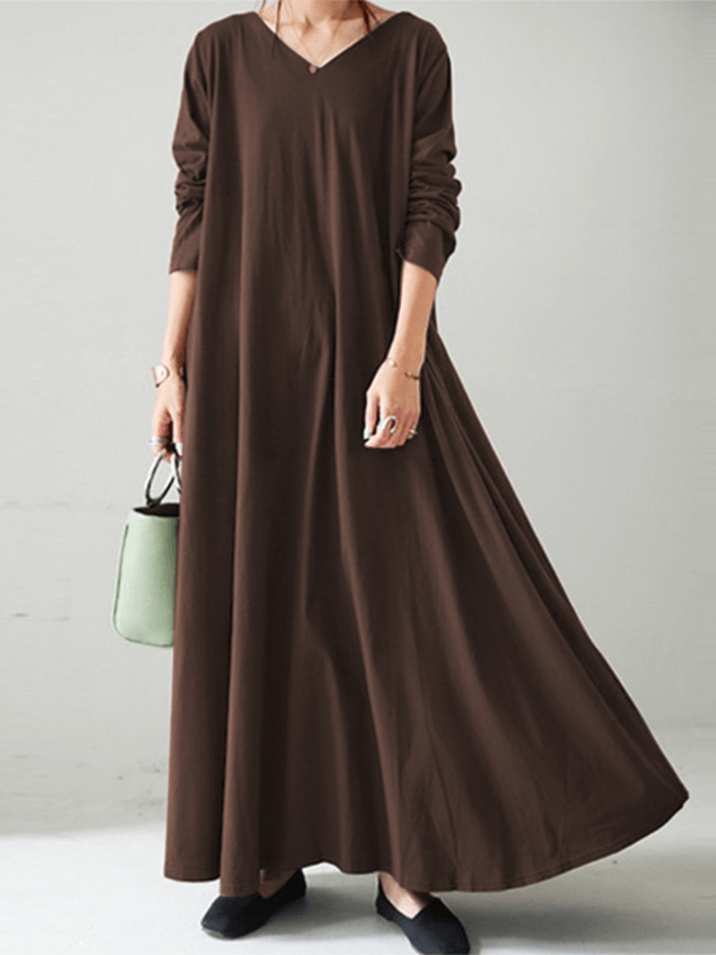 Women Casual Solid Color V-Neck Loose Long Sleeve Swing Maxi Dress