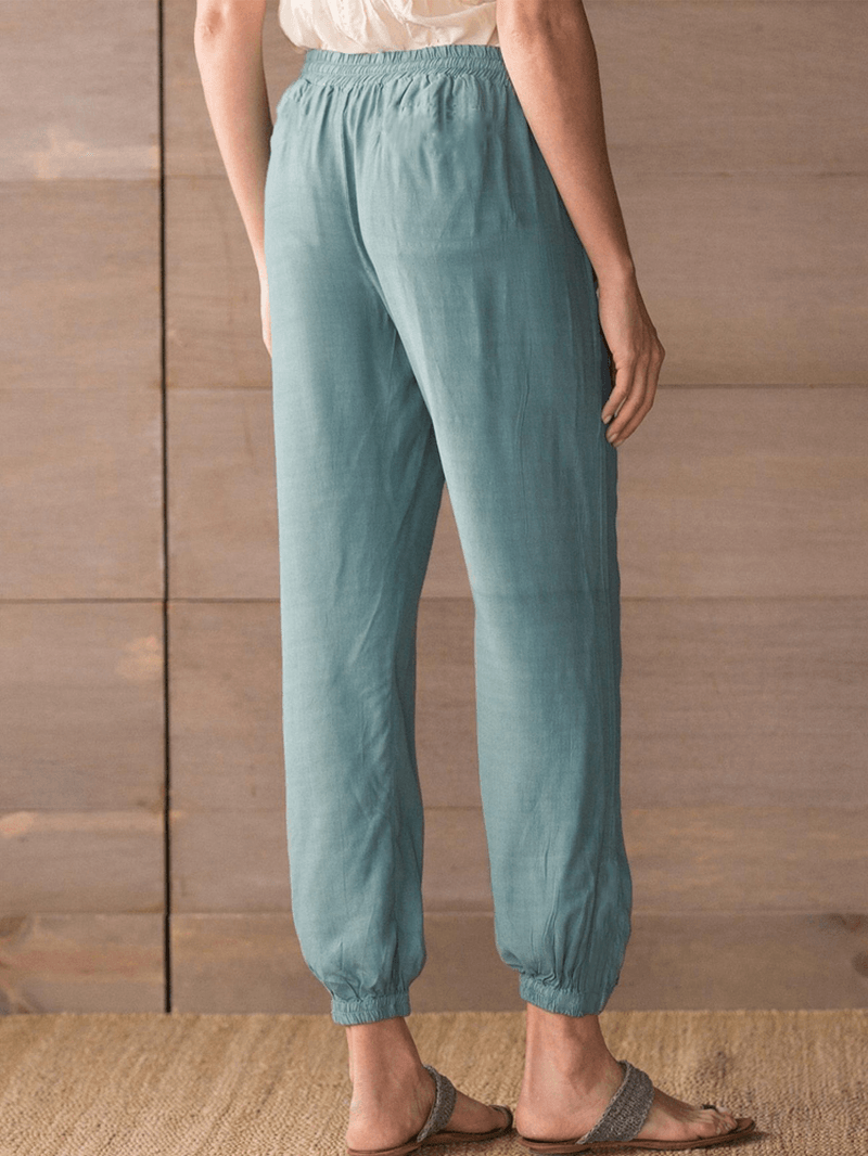 Women Solid Color Pocket Loose Elastic Waist Pants