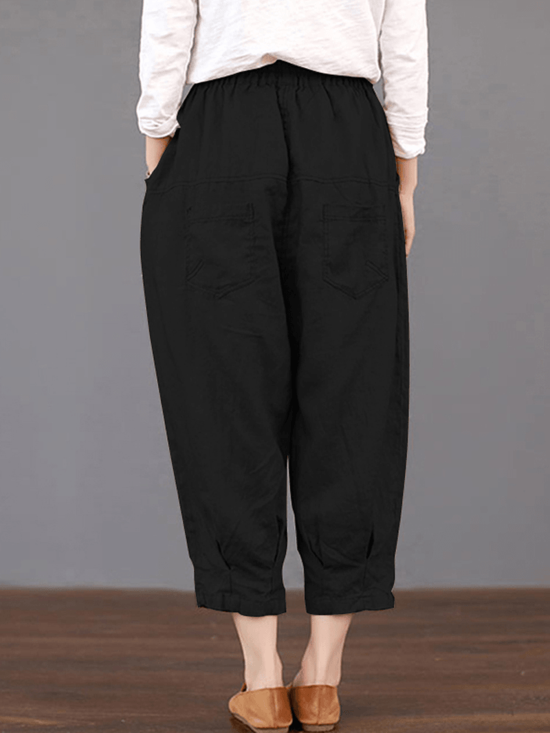 Women Solid Color Elastic Waist Loose Cotton Pants