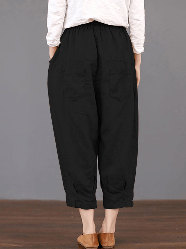 Women Solid Color Elastic Waist Loose Cotton Pants