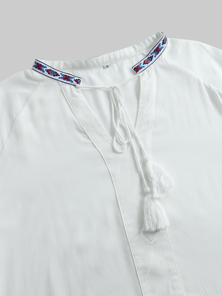 Flower Embroidery V-Neck Drawstring Cuffs Casual Blouse