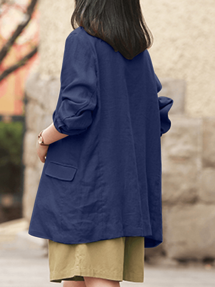 Women 100% Cotton Solid Lapel Casual Pockets Daily Workwear Suits