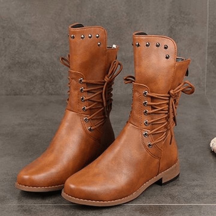 Plus Size Women Retro Rivet Cross Strap Back Zipper Mid Calf Boots