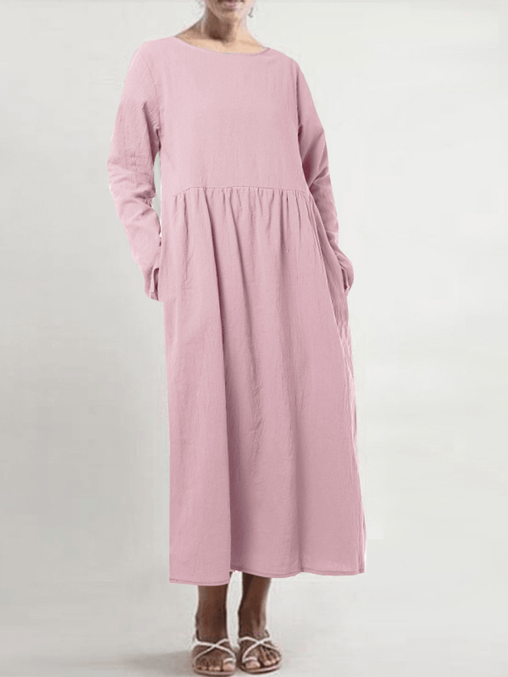 Women Cotton Crew Neck Long Sleeve Solid Casual Dress