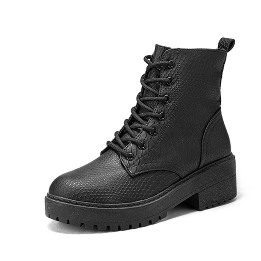 Women Wearable Serpentine Lace up Chunky Heel Combat Boots - MRSLM