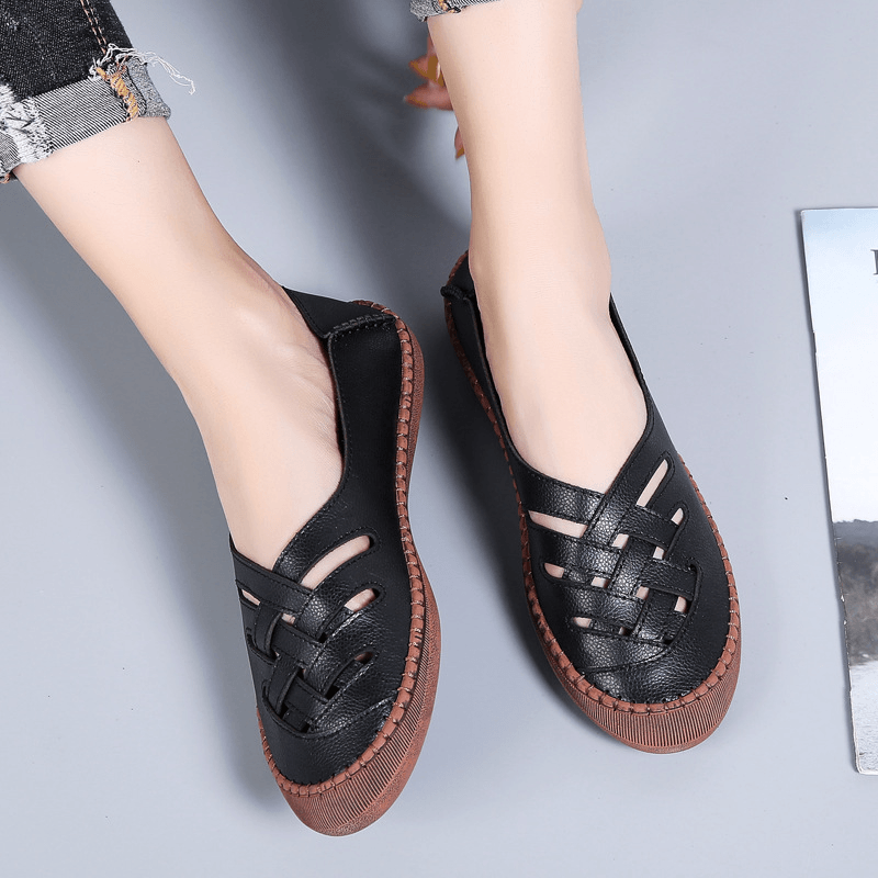 Women Genuine Leather Breathable plus Size Hollow Spring Casual Flats Loafers