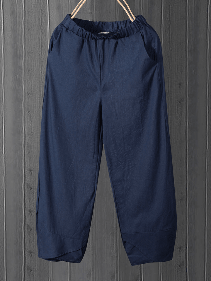 Solid Color Elastic Waist Casual Pants with Pockets