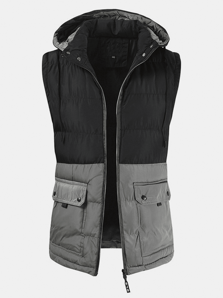 Mens Patchwork Cotton Zipper Casual Thick Warm Detachable Hooded Vest