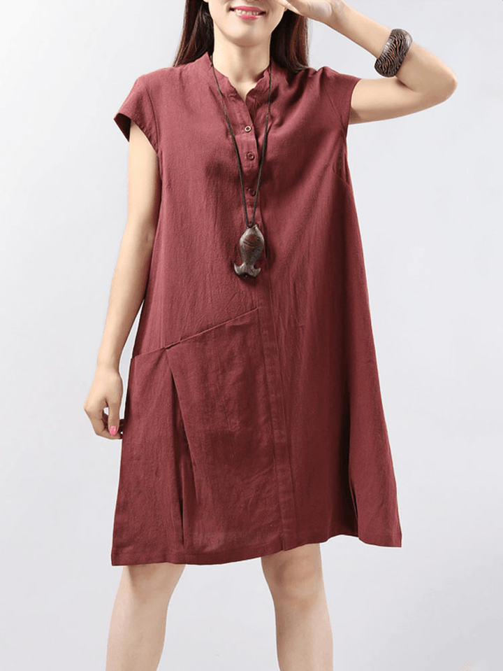 Women Short Sleeve Button Solid Color Casual Dress - MRSLM