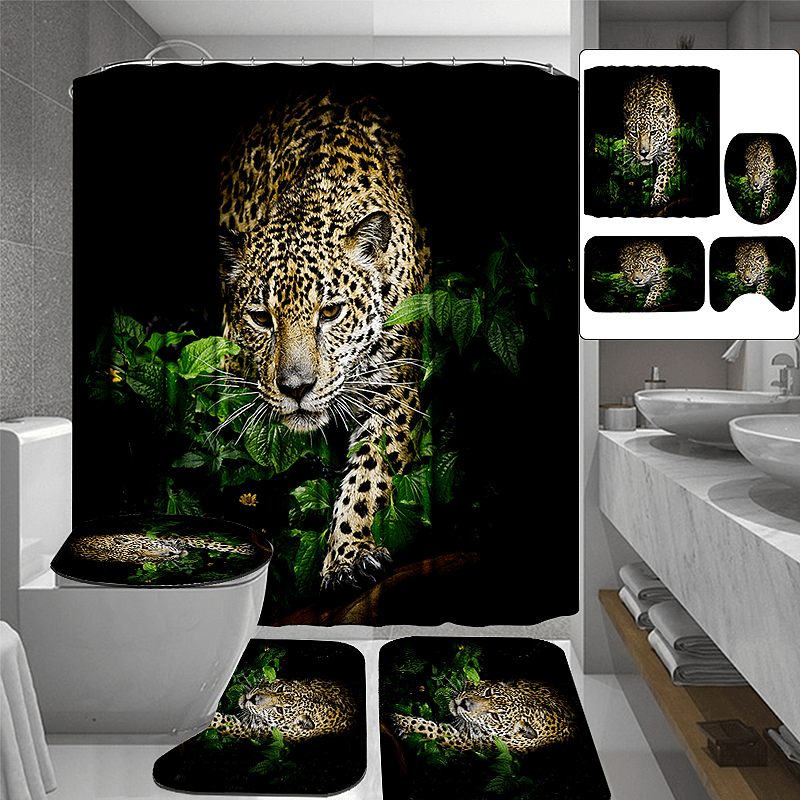 3D Leopard Pattern Shower Curtain Anti-Slip Bath Mat Toilet Pad Set Toilet Pattern Carpet for Home Bath Decor - MRSLM