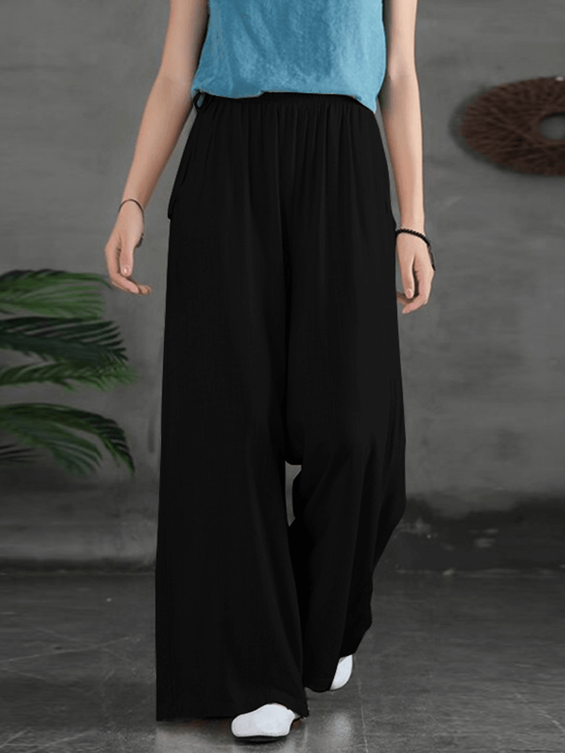 Women Casual Solid Color Side Drawstring Loose Wide Leg Pants with Pockets