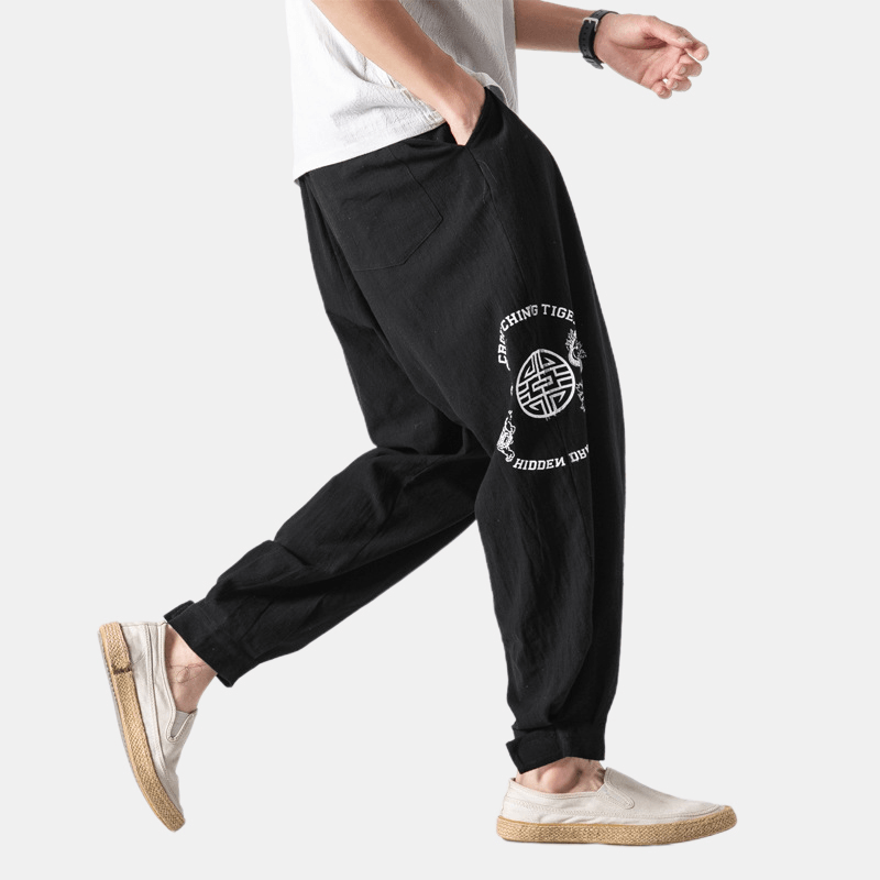 Mens Chinese Style Loose Linen Printing Solid Color Casual Pants