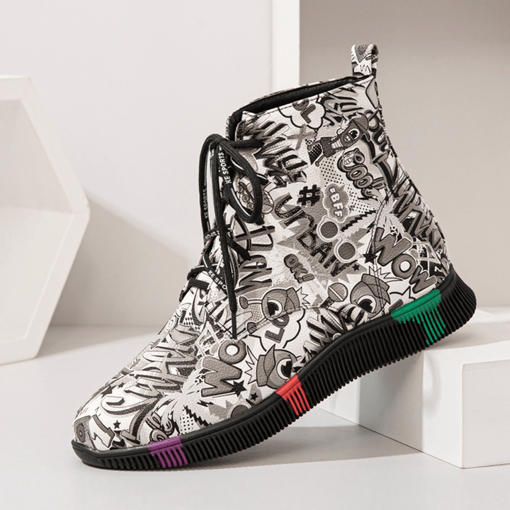 Women Casual Letter Graffiti Printing Multicolor Lace up Short Combat Boots