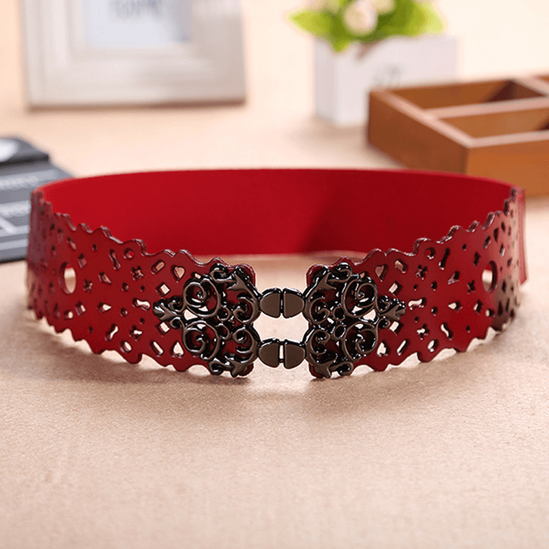 Women First Layer Leather Hollow Belts Elastic Stretchable Metal Button Waistband