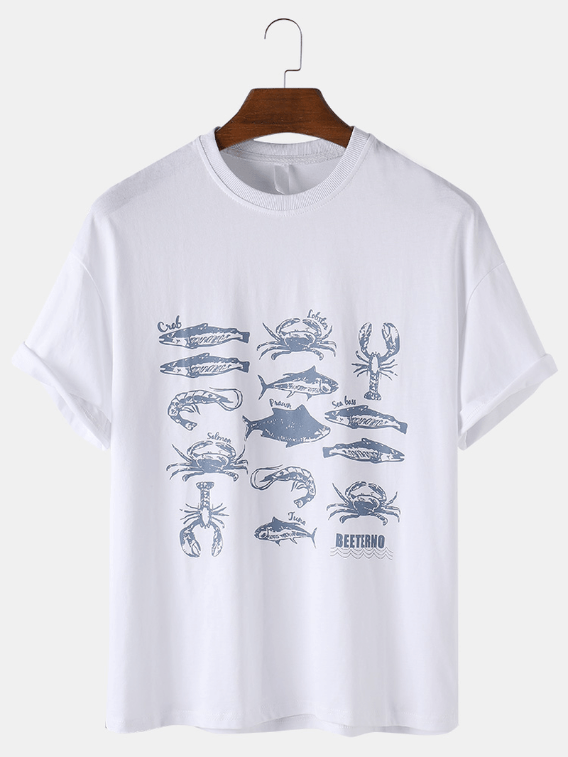 Mens Cotton Seafood Print Casual & Breathable Plain round Neck T-Shirts