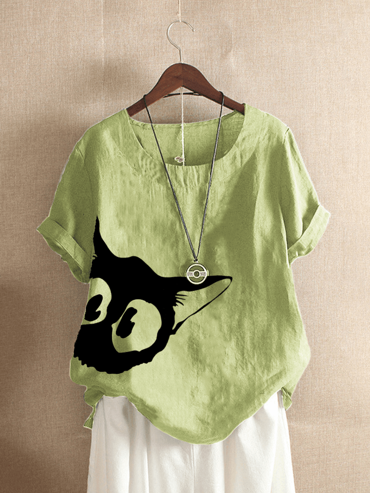 Cartoon Cat Printed O-Neck Short Sleeve Women Casual T-Shirts