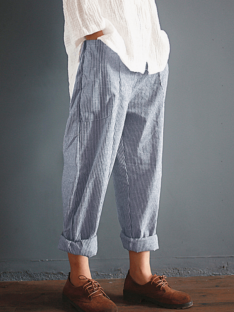 S-5XL Casual Stripe Pocket Elastic Waist Women Harem Pants