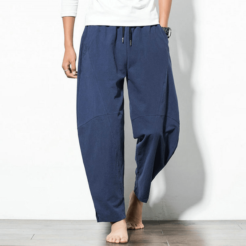 Men'S Loose Wide Leg Pants Solid Color Casual Baggy Breathable Cotton Harem Pants